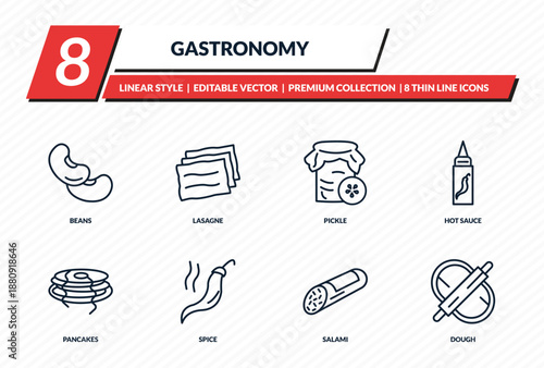 gastronomy icons set - beans, lasagne, pickle, hot sauce, dough outline vector collection.