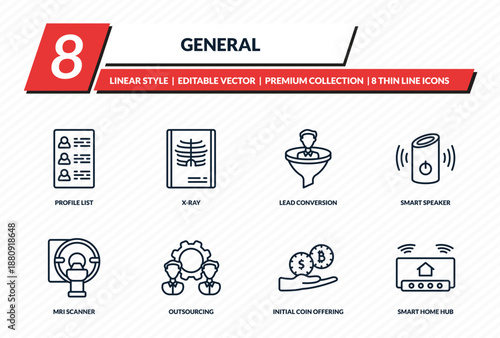 general icons set - profile list, x-ray, lead conversion, smart speaker, smart home hub outline vector collection.