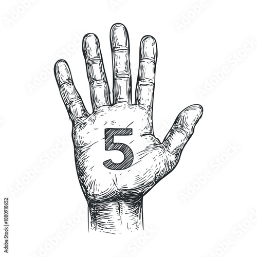 Human hand showing number five in a detailed vintage engraving style, symbolizing counting, quantity, or a specific rank and order for various concepts.