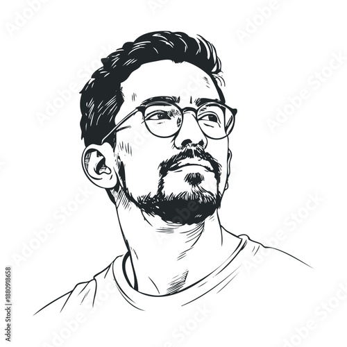Man with glasses and a beard looking up with a thoughtful expression, depicted in a stylish black and white line art illustration.