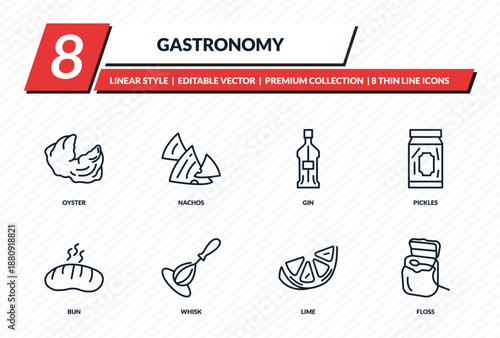 gastronomy icons set - oyster, nachos, gin, pickles, floss outline vector collection.
