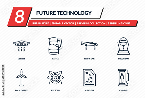 future technology icons set - vehicle, kettle, flying car, hologram, cloning outline vector collection.
