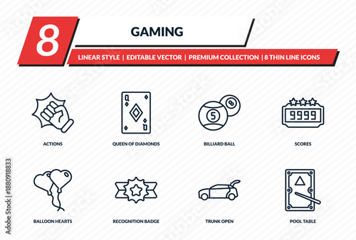 gaming icons set - actions, queen of diamonds, billiard ball, scores, pool table outline vector collection.
