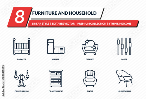 furniture and household icons set - baby cot, chiller, cleaned, fader, lounge chair outline vector collection.