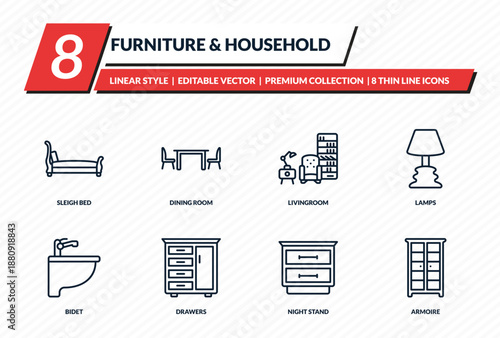 furniture & household icons set - sleigh bed, dining room, livingroom, lamps, armoire outline vector collection.