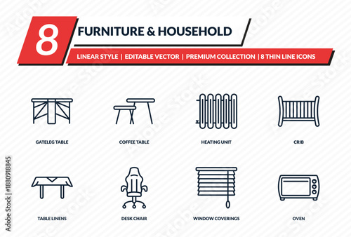 furniture & household icons set - gateleg table, coffee table, heating unit, crib, oven outline vector collection.
