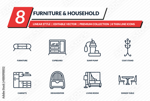 furniture & household icons set - furniture, cupboard, sump pump, coat stand, dinner table outline vector collection.