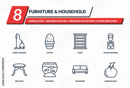 furniture & household icons set - carpet sweeper, cactus, chest, water dispenser, garbage bags outline vector collection.
