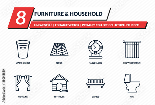 furniture & household icons set - waste basket, floor, table clock, shower curtain, wc outline vector collection.