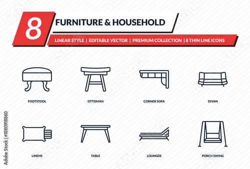 furniture & household icons set - footstool, ottoman, corner sofa, divan, porch swing outline vector collection.