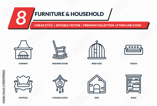 furniture & household icons set - chimney, rocking chair, bird cage, couch, shelf outline vector collection.