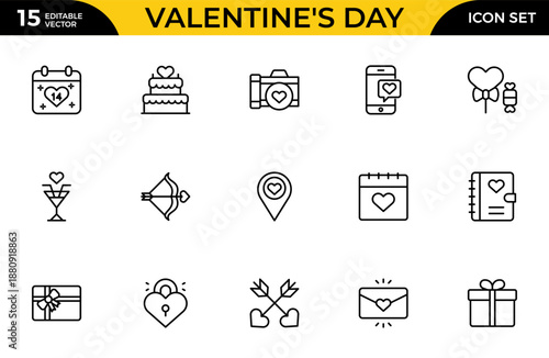 Valentine’s Day Editable Stroke Outline Icon Set – Thin Linear Love, Romance and Heart Icons Pack, Modern Minimal Vector Illustration for Web, App and UI Design