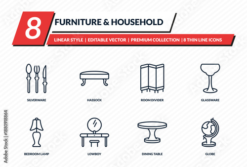 furniture & household icons set - silverware, hassock, room divider, glassware, globe outline vector collection.