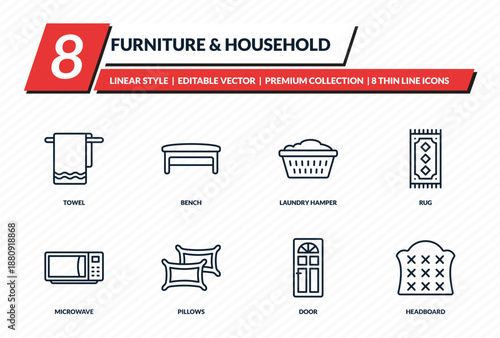 furniture & household icons set - towel, bench, laundry hamper, rug, headboard outline vector collection.