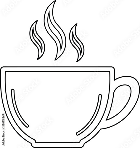 Simple black and white outline icon of a steaming hot beverage served in a classic cup signifying warmth comfort and a freshly brewed moment ideal for design elements or morning routine illustrations