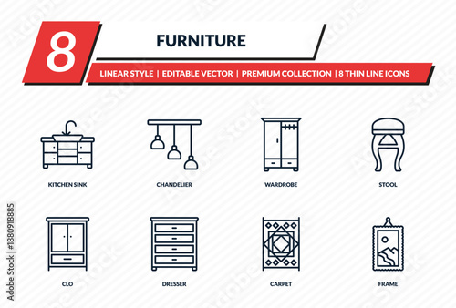 furniture icons set - kitchen sink, chandelier, wardrobe, stool, frame outline vector collection.