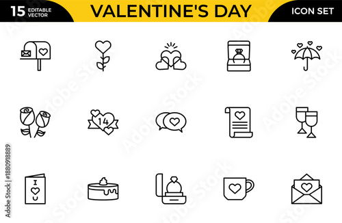 Valentine’s Day Editable Stroke Outline Icon Set – Thin Linear Love, Romance and Heart Icons Pack, Modern Minimal Vector Illustration for Web, App and UI Design