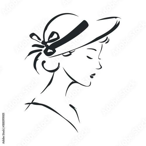 Elegant woman in hat illustration with a classic and sophisticated style, evoking timeless beauty and grace in simple black lines.