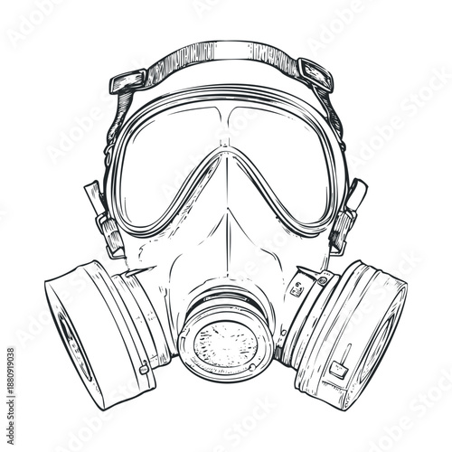 Gas mask illustration depicting safety and protection equipment essential for hazardous environments or emergency situations, rendered in a detailed sketch style.