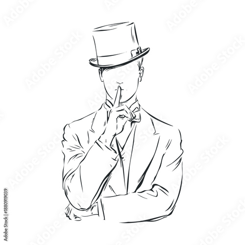 Man in top hat making a silence gesture with his finger to his lips, conveying secrecy, quiet, or a need for discretion in a classic hand-drawn illustration style.