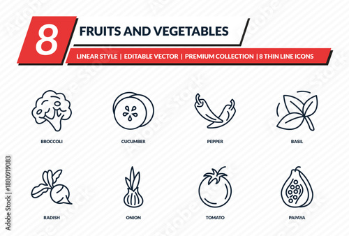 fruits and vegetables icons set - broccoli, cucumber, pepper, basil, papaya outline vector collection.