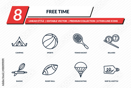 free time icons set - camping, sports, tennis racket, billiard, ship in a bottle outline vector collection.