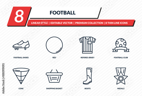 football icons set - football shoes, red, referee jersey, football club, medals outline vector collection.