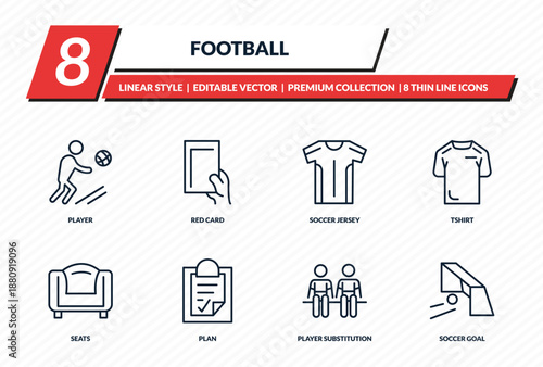 football icons set - player, red card, soccer jersey, tshirt, soccer goal outline vector collection.