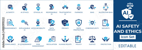 AI safety and ethics icon set featuring responsible AI, algorithmic bias, fairness, transparency, data privacy, AI governance, compliance, human rights, and justice symbols.