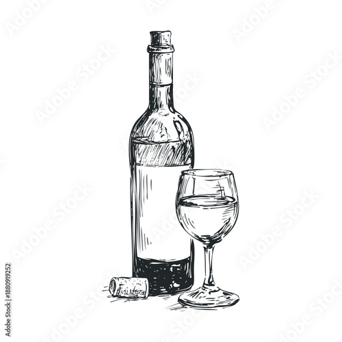 Wine bottle and glass with cork, depicted in a classic hand-drawn sketch style, evoking a sense of traditional elegance and beverage appreciation.