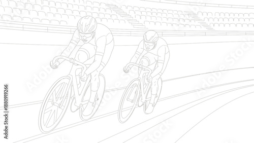 Two professional track cyclists fiercely competing side by side on a steeply banked velodrome circuit during a high-speed endurance race event under the bright stadium lights of the arena structure.