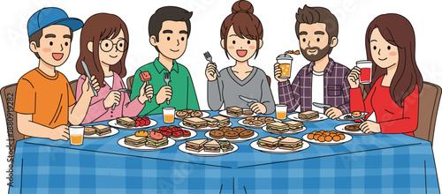Friends Eating Together at Dining Table Illustration with Group Enjoying Food, Drinks, and Social Gathering for Party, Celebration, and Lifestyle Design