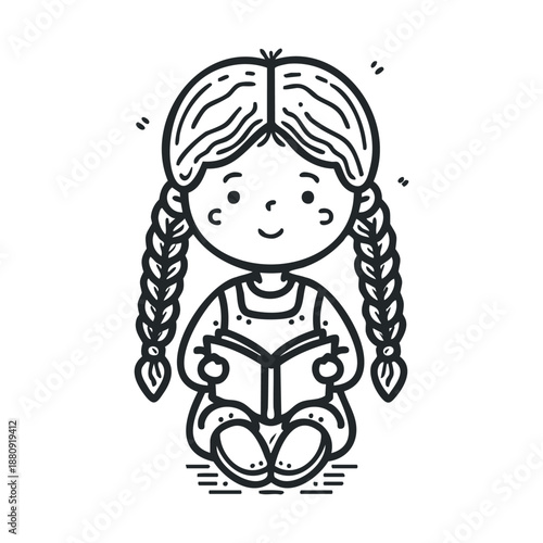 Young girl with pigtails happily reading a book, engrossed in a story with a joyful expression, symbolizing childhood learning and imagination.