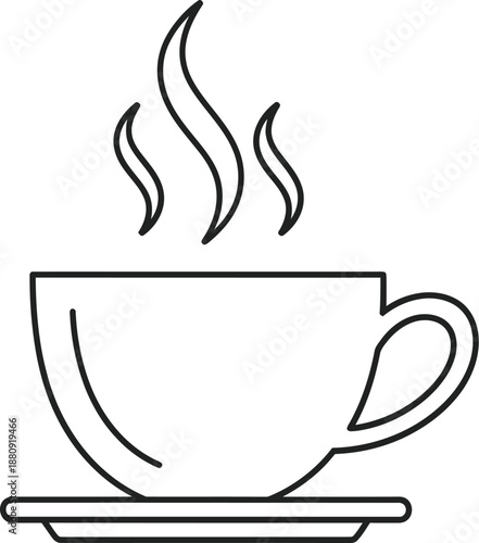 Simple black and white line art icon clearly illustrating a steaming hot beverage served in a classic teacup resting upon a matching saucer suitable for cafe menus or breakfast graphics.