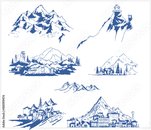 Blue illustrations of mountain landscapes and cityscapes in various scenic views