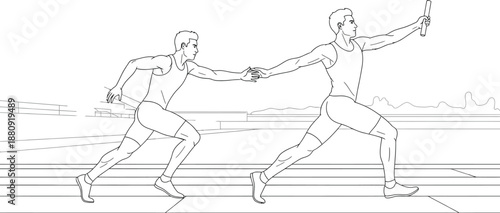 Line art illustration depicts two determined male athletes intensely focused on executing a precise baton exchange during a fast-paced relay race on a running track near stadium bleachers.