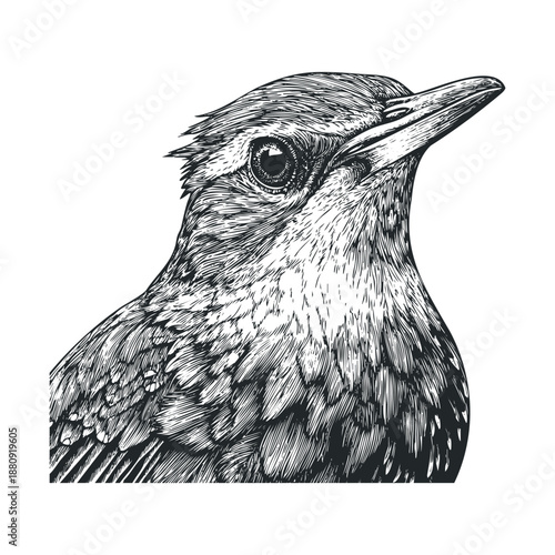 Detailed black and white illustration of a bird looking upwards with intricate feather texture and expressive eye, rendered in a classic vintage engraving style.