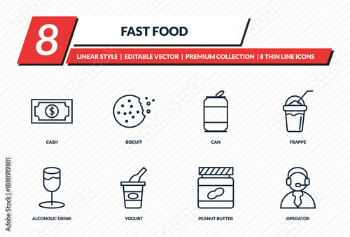fast food icons set - cash, biscuit, can, frappe, operator outline vector collection.