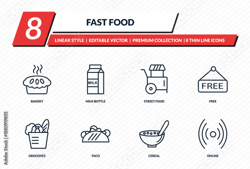 fast food icons set - bakery, milk bottle, street food, free, online outline vector collection.