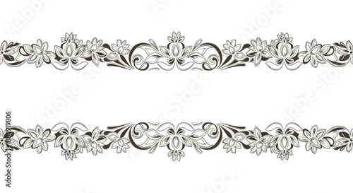 Decorative horizontal borders featuring intricate floral patterns and swirls in a classic black and white graphic design.