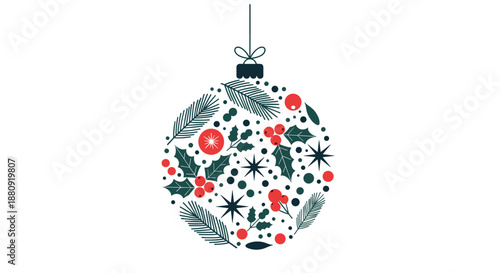 Round Christmas ornament filled with festive winter motifs like holly berries, evergreen needles, and starry icons.