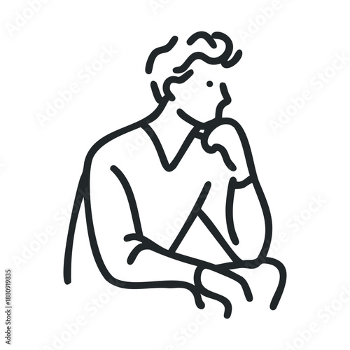 Thoughtful man contemplating a complex problem, depicted in a minimalist line art style, conveying deep concentration and introspection.