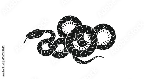 Intricate black snake illustration with scales and a forked tongue on a white background suitable for tattoo designs or mascot logos.