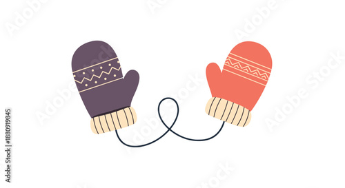 Cozy pair of knitted winter mittens in purple and orange colors connected by a long string for cold weather and holiday season themes.