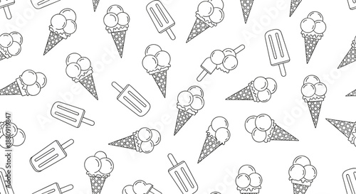 Simple line art pattern of various ice cream cones and popsicles on a white background creates a fun and sweet summer themed wallpaper.