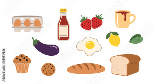 Assorted breakfast food icons including eggs, bread, strawberries, and coffee for cafe menus and morning meal recipe book illustrations.