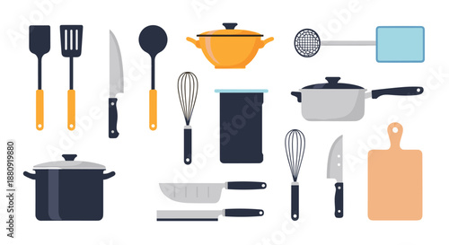 Professional kitchen utensil set with various pots, pans, knives, and whisks for culinary education and home cooking equipment guides.