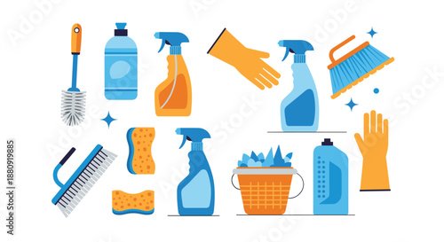 Set of cleaning icons featuring spray bottles, gloves, sponges, and buckets in blue and yellow colors for housekeeping service ads.