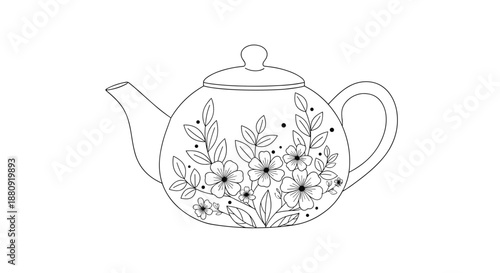 Fine line drawing of a traditional teapot decorated with beautiful floral patterns for tea time and afternoon refreshments concepts.