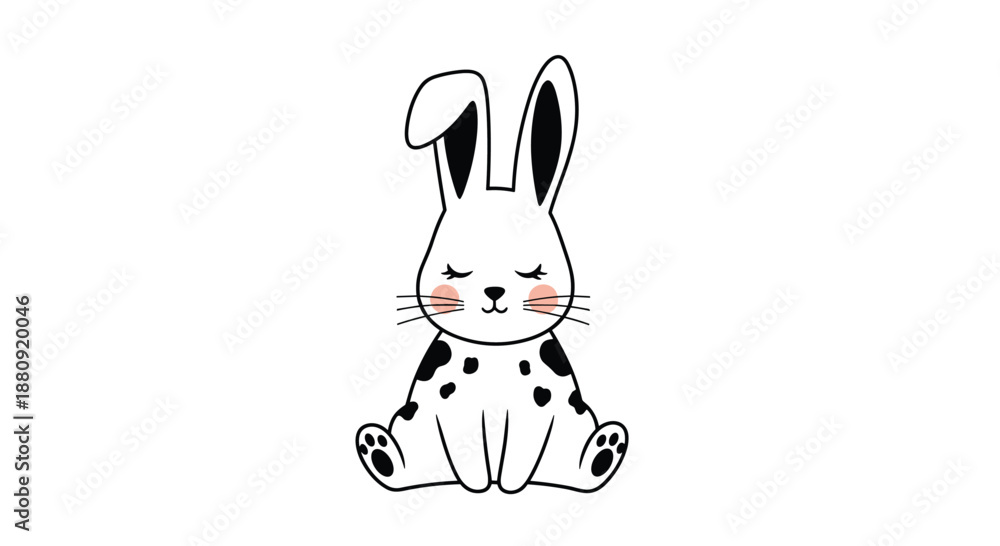Fototapeta premium Sweet and cute white bunny character with black spots and pink cheeks sitting peacefully on a plain white background.